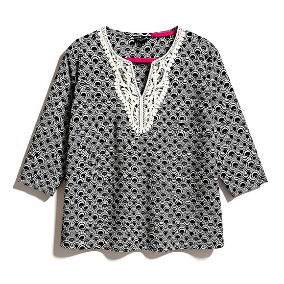 Talbots Women's Black White Geometric Crochet Lace Tunic Top XLP 3/4 Sleeve - Picture 1 of 6
